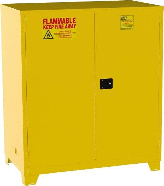 Jamco - 2 Door, 2 Shelf, Yellow Steel Double Wall Safety Cabinet for Flammable and Combustible Liquids - 70" High x 34" Wide x 59" Deep, Manual Closing Door, 3 Point Key Lock, 120 Gal Capacity - Exact Industrial Supply
