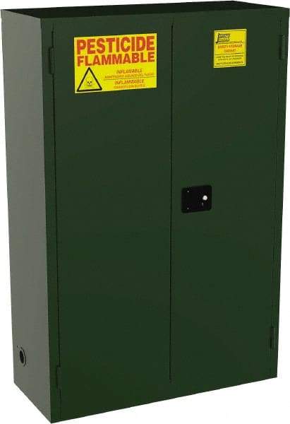 Jamco - 2 Door, 2 Shelf, Green Steel Double Wall Safety Cabinet for Flammable and Combustible Liquids - 44" High x 18" Wide x 43" Deep, Self Closing Door, 3 Point Key Lock, 45 Gal Capacity - Exact Industrial Supply