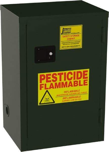 Jamco - 1 Door, 1 Shelf, Green Steel Double Wall Safety Cabinet for Flammable and Combustible Liquids - 35" High x 18" Wide x 23" Deep, Self Closing Door, 3 Point Key Lock, 12 Gal Capacity - Exact Industrial Supply