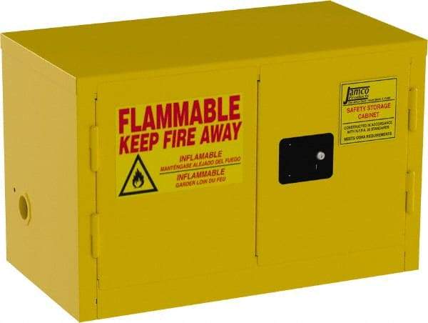 Jamco - 2 Door, Yellow Steel Double Wall Safety Cabinet for Flammable and Combustible Liquids - 22" High x 18" Wide x 34" Deep, Manual Closing Door, 3 Point Key Lock, 11 Gal Capacity - Exact Industrial Supply