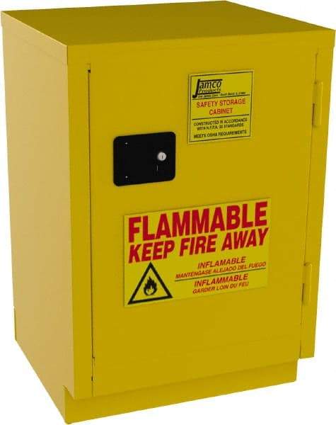 Jamco - 1 Door, 1 Shelf, Yellow Steel Double Wall Safety Cabinet for Flammable and Combustible Liquids - 35" High x 22" Wide x 24" Deep, Manual Closing Door, 3 Point Key Lock, 12 Gal Capacity - Exact Industrial Supply