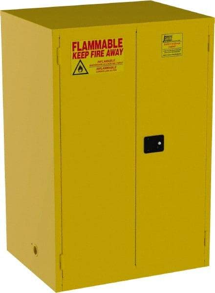 Jamco - 2 Door, 2 Shelf, Yellow Steel Double Wall Safety Cabinet for Flammable and Combustible Liquids - 65" High x 34" Wide x 43" Deep, Self Closing Door, 3 Point Key Lock, 90 Gal Capacity - Exact Industrial Supply