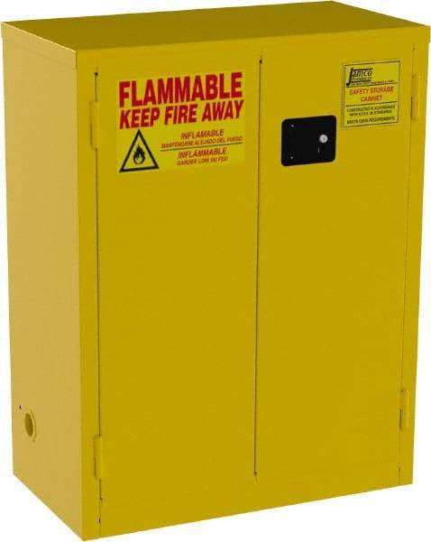 Jamco - 2 Door, 2 Shelf, Yellow Steel Double Wall Safety Cabinet for Flammable and Combustible Liquids - 44" High x 18" Wide x 34" Deep, Self Closing Door, 3 Point Key Lock, 28 Gal Capacity - Exact Industrial Supply