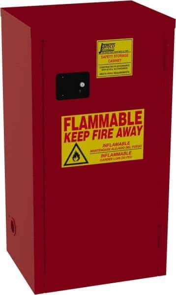 Jamco - 1 Door, 3 Shelf, Red Steel Double Wall Safety Cabinet for Flammable and Combustible Liquids - 44" High x 18" Wide x 23" Deep, Manual Closing Door, 3 Point Key Lock, 24 Gal Capacity - Exact Industrial Supply