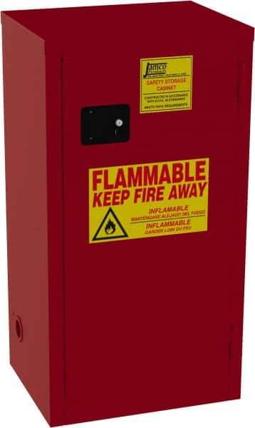 Jamco - 1 Door, 3 Shelf, Red Steel Double Wall Safety Cabinet for Flammable and Combustible Liquids - 35" High x 18" Wide x 23" Deep, Self Closing Door, 3 Point Key Lock, 24 Gal Capacity - Exact Industrial Supply