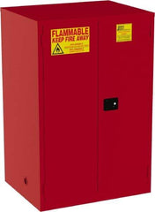 Jamco - 2 Door, 5 Shelf, Red Steel Double Wall Safety Cabinet for Flammable and Combustible Liquids - 65" High x 34" Wide x 43" Deep, Self Closing Door, 3 Point Key Lock, 120 Gal Capacity - Exact Industrial Supply