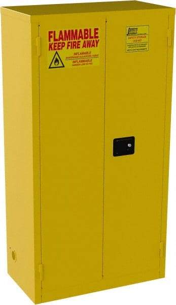 Jamco - 2 Door, 3 Shelf, Yellow Steel Double Wall Safety Cabinet for Flammable and Combustible Liquids - 65" High x 18" Wide x 34" Deep, Manual Closing Door, 3 Point Key Lock, 44 Gal Capacity - Exact Industrial Supply