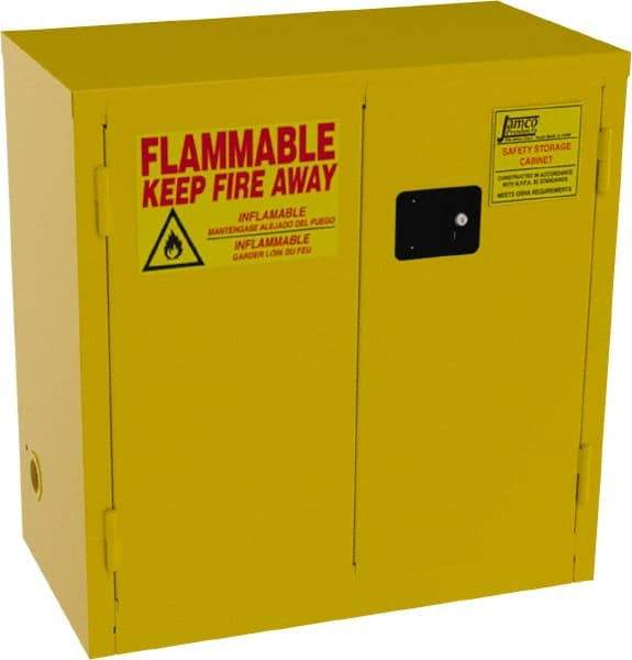 Jamco - 2 Door, 1 Shelf, Yellow Steel Double Wall Safety Cabinet for Flammable and Combustible Liquids - 35" High x 34" Wide x 18" Deep, Manual Closing Door, 3 Point Key Lock, 22 Gal Capacity - Exact Industrial Supply