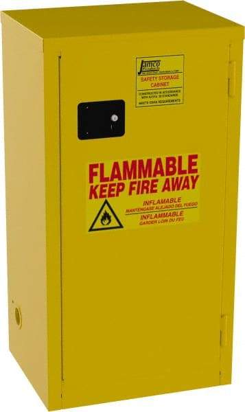 Jamco - 1 Door, 2 Shelf, Yellow Steel Double Wall Safety Cabinet for Flammable and Combustible Liquids - 44" High x 23" Wide x 18" Deep, Self Closing Door, 3 Point Key Lock, 18 Gal Capacity - Exact Industrial Supply