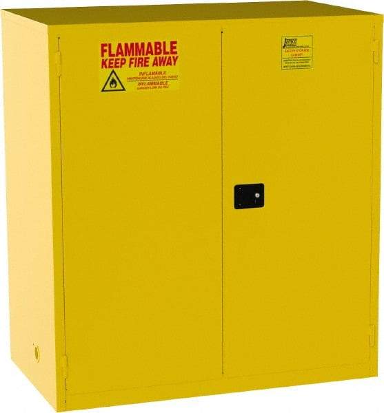 Jamco - 2 Door, 2 Shelf, Yellow Steel Double Wall Safety Cabinet for Flammable and Combustible Liquids - 65" High x 34" Wide x 59" Deep, Manual Closing Door, 3 Point Key Lock, 120 Gal Capacity - Exact Industrial Supply