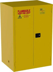 Jamco - 2 Door, 2 Shelf, Yellow Steel Double Wall Safety Cabinet for Flammable and Combustible Liquids - 65" High x 34" Wide x 43" Deep, Manual Closing Door, 3 Point Key Lock, 90 Gal Capacity - Exact Industrial Supply