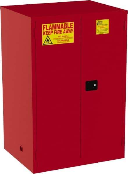 Jamco - 2 Door, 5 Shelf, Red Steel Double Wall Safety Cabinet for Flammable and Combustible Liquids - 65" High x 34" Wide x 43" Deep, Manual Closing Door, 3 Point Key Lock, 120 Gal Capacity - Exact Industrial Supply