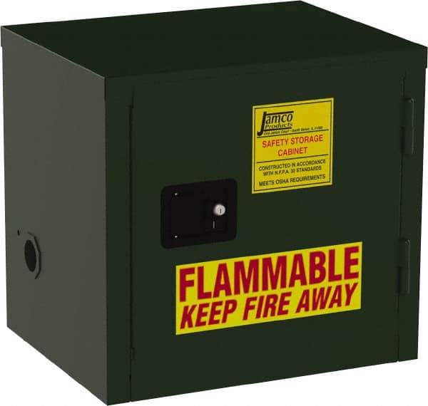 Jamco - 1 Door, Green Steel Double Wall Safety Cabinet for Flammable and Combustible Liquids - 22" High x 18" Wide x 23" Deep, Manual Closing Door, 3 Point Key Lock, 6 Gal Capacity - Exact Industrial Supply