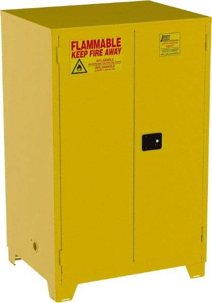Jamco - 2 Door, 2 Shelf, Yellow Steel Double Wall Safety Cabinet for Flammable and Combustible Liquids - 70" High x 34" Wide x 43" Deep, Self Closing Door, 3 Point Key Lock, 90 Gal Capacity - Exact Industrial Supply