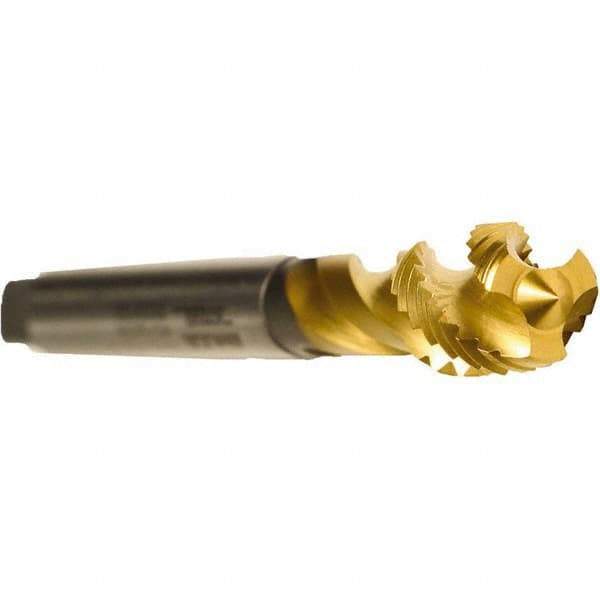 Emuge - M10x1.25 Metric Fine 3 Flute 6H Modified Bottoming Spiral Flute Tap - Cobalt, TiN Finish, 2-15/16" OAL, Right Hand Flute, Right Hand Thread, Series Enorm - Exact Industrial Supply