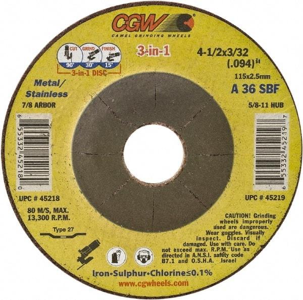 Camel Grinding Wheels - 36 Grit, 6" Wheel Diam, 3/32" Wheel Thickness, Type 27 Depressed Center Wheel - Medium Grade, Aluminum Oxide, Resinoid Bond, 10,200 Max RPM - Exact Industrial Supply