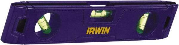 Irwin - Magnetic 9" Long 3 Vial Torpedo Level - ABS Plastic, Blue, 1 45°, 1 Level & 1 Plumb Vials - Exact Industrial Supply