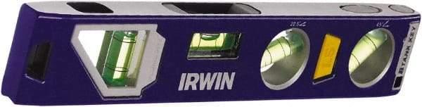 Irwin - Magnetic 9" Long 4 Vial Torpedo Level - Aluminum/Die Cast, Blue, 1 22.5°, 1 45°, 1 Level & 1 Plumb Vials - Exact Industrial Supply