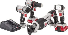 Porter-Cable - 20 Volt Cordless Tool Combination Kit - Includes 1/2" Drill/Driver, 1/4" Impact Driver, Reciprocating Saw & Flash Light, Lithium-Ion Battery Included - Exact Industrial Supply