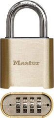 Master Lock - 2" Body Width x 3" Body Height, 1" Shackle Clearance, Brass Finish Combination Lock - 5/16" Shackle Diam, 1" Shackle Width, Set Your Own 4 Digit Combination - Exact Industrial Supply