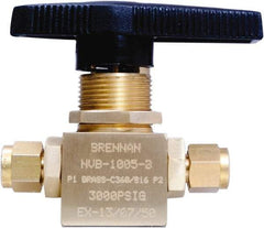 Brennan - 1/4" Pipe, Tube End Connections, Brass, Inline, Two Way Flow, Instrumentation Ball Valve - 3,000 psi WOG Rating, Nylon Handle, PTFE Seal, PFA Seat, Swaglok B-42S4 - Exact Industrial Supply