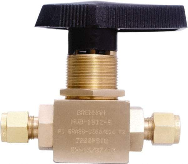 Brennan - 3/8" Pipe, Tube End Connections, Brass, Inline, Two Way Flow, Instrumentation Ball Valve - 3,000 psi WOG Rating, Nylon Handle, PTFE Seal, PFA Seat, Swaglok B-44S6 - Exact Industrial Supply