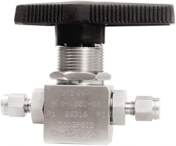Brennan - 1/8" Pipe, Tube End Connections, Stainless Steel, Inline, Two Way Flow, Instrumentation Ball Valve - 3,000 psi WOG Rating, Nylon Handle, PTFE Seal, PFA Seat, Swaglok SS-41GS2 - Exact Industrial Supply