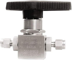 Brennan - 1/8" Pipe, Tube End Connections, Stainless Steel, Inline, Two Way Flow, Instrumentation Ball Valve - 3,000 psi WOG Rating, Nylon Handle, PTFE Seal, PFA Seat, Swaglok SS-41GS2 - Exact Industrial Supply