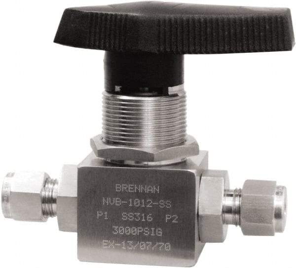 Brennan - 3/8" Pipe, Tube End Connections, Stainless Steel, Inline, Two Way Flow, Instrumentation Ball Valve - 3,000 psi WOG Rating, Nylon Handle, PTFE Seal, PFA Seat, Swaglok SS-44S6 - Exact Industrial Supply