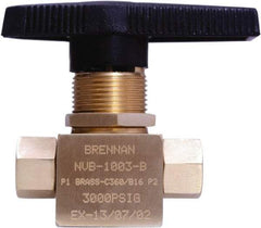 Brennan - 1/8" Pipe, NPT End Connections, Brass, Inline, Two Way Flow, Instrumentation Ball Valve - 3,000 psi WOG Rating, Nylon Handle, PTFE Seal, PFA Seat, Swaglok B-42F2 - Exact Industrial Supply