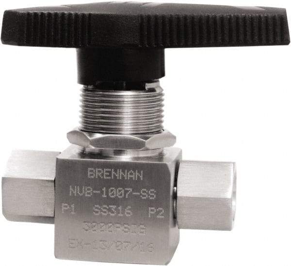 Brennan - 1/4" Pipe, NPT End Connections, Stainless Steel, Inline, Two Way Flow, Instrumentation Ball Valve - 3,000 psi WOG Rating, Nylon Handle, PTFE Seal, PFA Seat, Swaglok SS-43GEF4 - Exact Industrial Supply