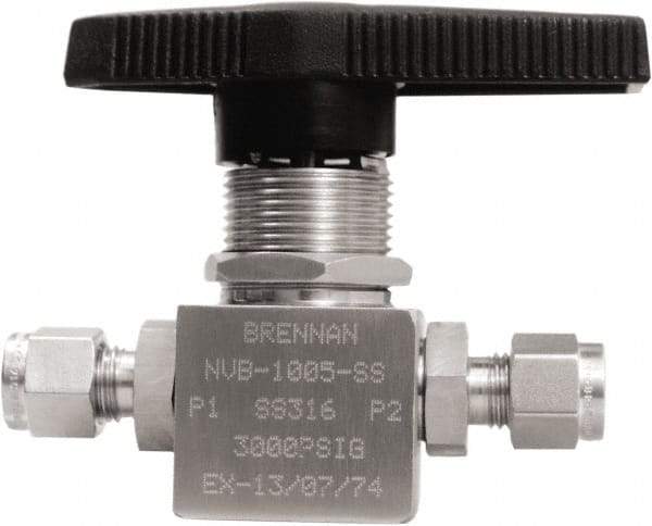Brennan - 1/4" Pipe, Tube End Connections, Stainless Steel, Inline, Two Way Flow, Instrumentation Ball Valve - 3,000 psi WOG Rating, Nylon Handle, PTFE Seal, PFA Seat, Swaglok SS-42GS4 - Exact Industrial Supply