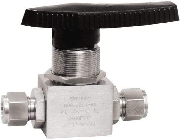 Brennan - 1/2" Pipe, Tube End Connections, Stainless Steel, Inline, Two Way Flow, Instrumentation Ball Valve - 3,000 psi WOG Rating, Nylon Handle, PTFE Seal, PFA Seat, Swaglok SS-45S8 - Exact Industrial Supply
