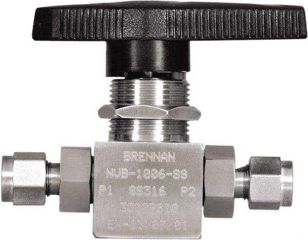 Brennan - 1/4" Pipe, Tube End Connections, Stainless Steel, Inline, Two Way Flow, Instrumentation Ball Valve - 3,000 psi WOG Rating, Nylon Handle, PTFE Seal, PFA Seat, Swaglok SS-43GS4 - Exact Industrial Supply