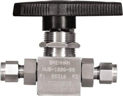 Brennan - 1/4" Pipe, Tube End Connections, Stainless Steel, Inline, Two Way Flow, Instrumentation Ball Valve - 3,000 psi WOG Rating, Nylon Handle, PTFE Seal, PFA Seat, Swaglok SS-43GS4 - Exact Industrial Supply
