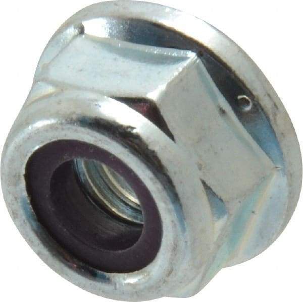 Value Collection - 1/4-20 UNC Grade 2 Hex Flange Lock Nut with Nylon Insert - 7/16" Width Across Flats, 5/16" High, Zinc-Plated Finish - Exact Industrial Supply