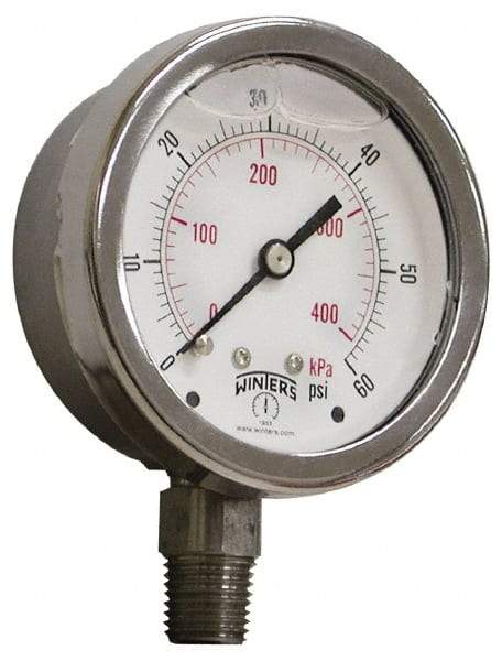 Winters - 2-1/2" Dial, 1/4 Thread, 0-600 Scale Range, Pressure Gauge - Lower Connection Mount, Accurate to 1.5% of Scale - Exact Industrial Supply