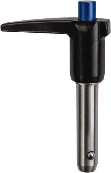 Monroe Engineering Products - 5/8" Diam, 5" Usable Length, L Handle, Push Button Quick Release Pin - 7-1/2" OAL, Grade 4140 Steel, Zinc-Plated Finish - Exact Industrial Supply