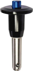 Monroe Engineering Products - 1" Diam, 5" Usable Length, Button Handle, Push Button Quick Release Pin - 8" OAL, Grade 4140 Steel, Zinc-Plated Finish - Exact Industrial Supply