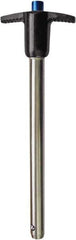Monroe Engineering Products - 7/16" Pin Diam, 2" Usable Length, T Handle Quick Release Pin - 155mm OAL, 440C Stainless Steel Ball, Aluminum Handle - Exact Industrial Supply