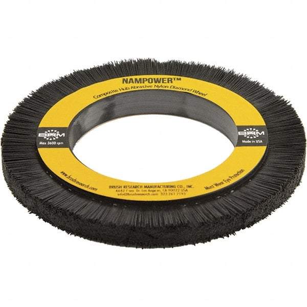 Brush Research Mfg. - 5-29/32" OD, 3-1/4" Arbor Hole, Crimped Abrasive Nylon Wheel Brush - 0.5906" Face Width, 3/4" Trim Length, 3,600 RPM - Exact Industrial Supply