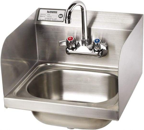 Krowne - 14" Long x 10" Wide Inside, 1 Compartment, Grade 304 Stainless Steel Hand Sink with Side Support - 20 Gauge, 14" Long x 16" Wide x 15" High Outside, 6" Deep - Exact Industrial Supply