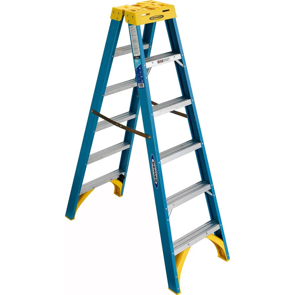 Werner - Step Ladders; Type: Twin Step Ladder ; Height (Feet): 6 ; Industry Rating: Type I ; Load Capacity (Lb.): 250.000 ; Material: Fiberglass ; Number of Steps / Rungs: 6 - Exact Industrial Supply