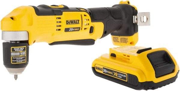 DeWALT - 20 Volt 3/8" Chuck Right Angle Handle Cordless Drill - 0-650 & 0-2000 RPM, Keyless Chuck, Reversible, 1 Lithium-Ion Battery Included - Exact Industrial Supply