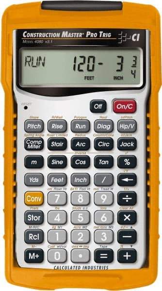 Calculated Industries - 11-Digit (7 normal, 4 Fractions) with Full Annunciators Handheld Calculator - 5/8" x 2-1/2" (15.00mm x 65.0mm) Display Size, Silver & Yellow, LR-44/A76 Powered - Exact Industrial Supply