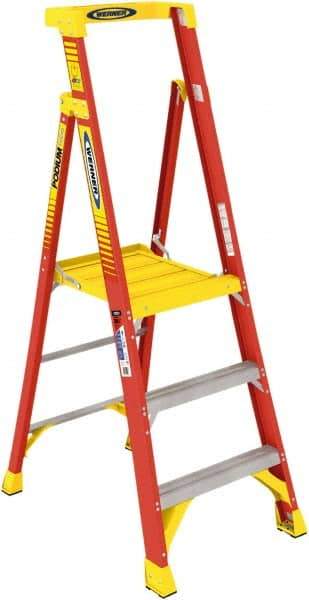 Werner - 3 Steps, 3' High, Type IA Rating, Fiberglass Step Ladder - 300 Lb Load Capacity, 26-3/8" Base Width - Exact Industrial Supply