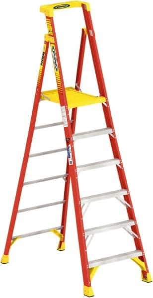 Werner - 6 Steps, 6' High, Type IA Rating, Fiberglass Step Ladder - 300 Lb Load Capacity, 31-3/4" Base Width - Exact Industrial Supply