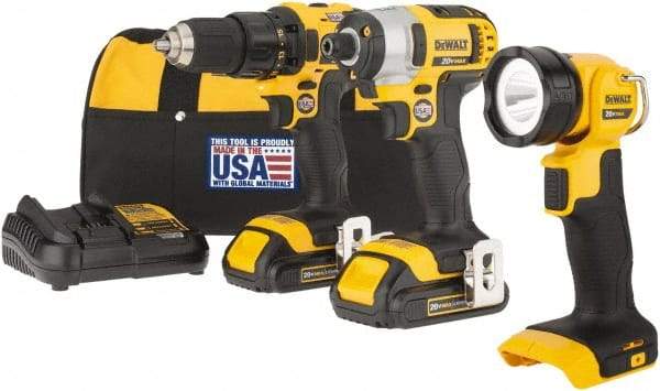 DeWALT - 20 Volt Cordless Tool Combination Kit - Includes 1/2" Drill/Driver, 1/4" Impact Driver & Work Light, Lithium-Ion Battery Included - Exact Industrial Supply