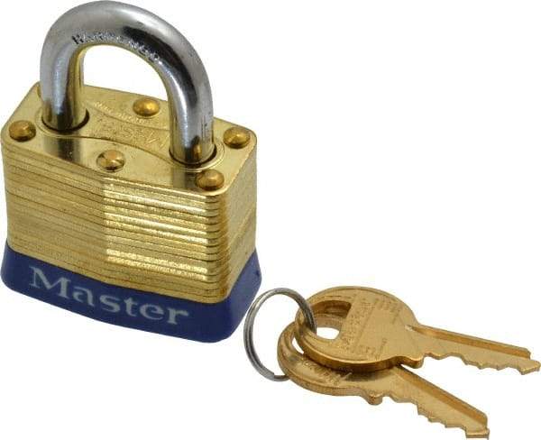 Master Lock - 3/4" Shackle Clearance, Keyed Alike Laminated Brass Padlock - 9/32" Shackle Diam, Brass - Exact Industrial Supply