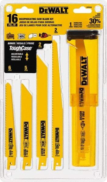 DeWALT - 16 Pieces, 6" to 9" Long x 0.04" Thickness, Bi-Metal Reciprocating Saw Blade Set - Straight Profile, 6 to 18 Teeth, Toothed Edge - Exact Industrial Supply